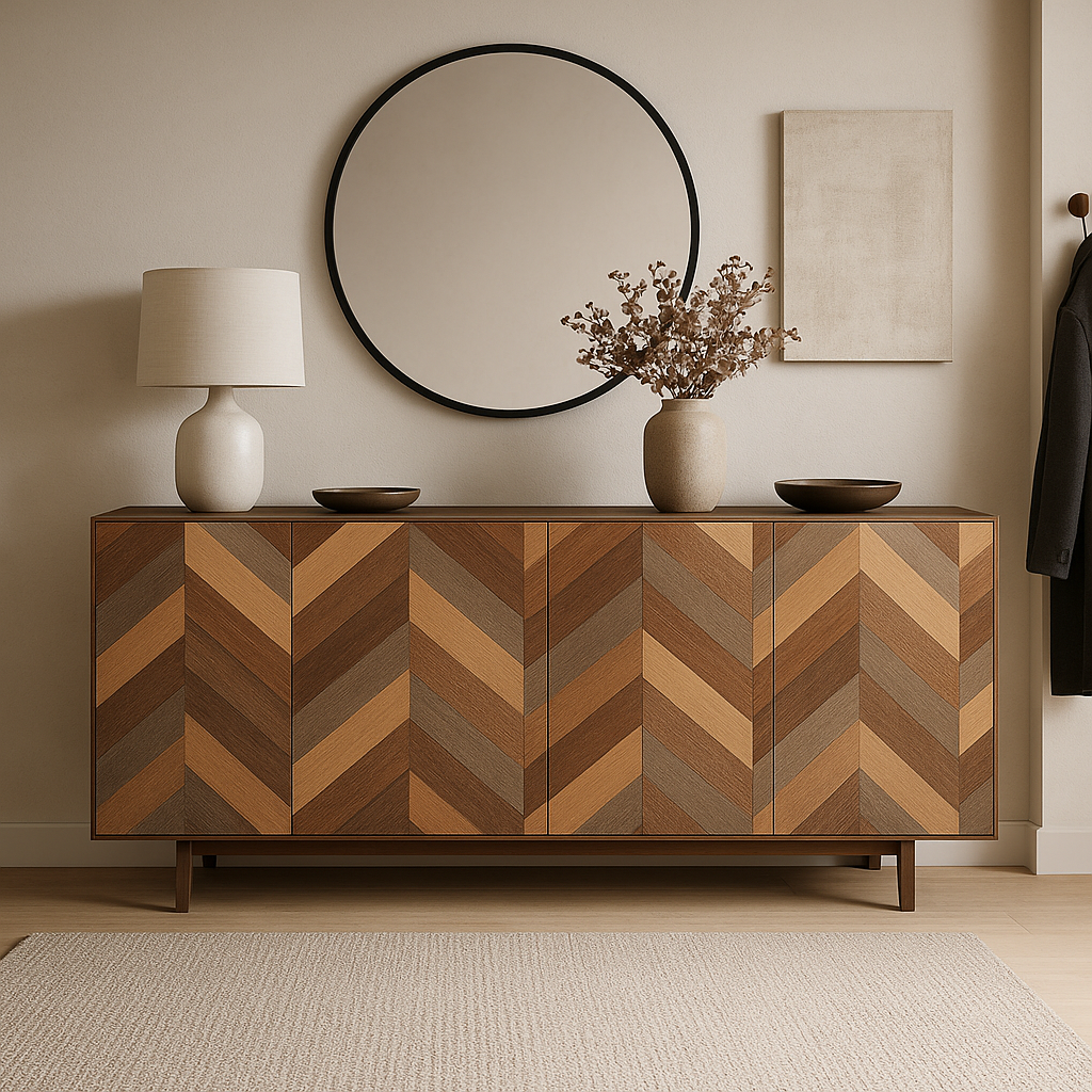 Buffet habillé de marqueterie chevron — panneau décoratif PANWOOD